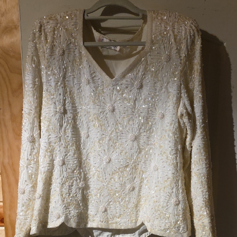 Laurence Kazar Cream Sequin Floral Blouse